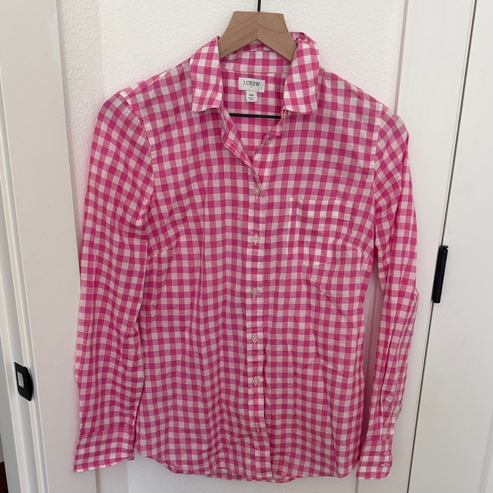 J. Crew Factory Pink and White Gingham Button-Down Shirt